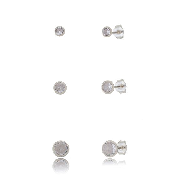 Trios de brincos zircônia Embutido 3/4/5mm - Cristal- Prata 925 (Contém 5 Trios)