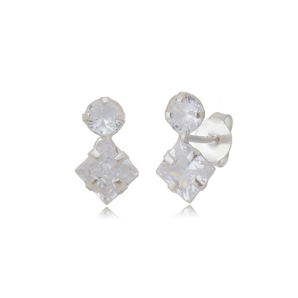 Cartela de brincos zircônia Redondo 4mm e Quadrado 5x5 - Cristal - Prata 925 (Contém 12 Pares)