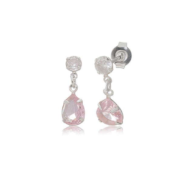 Cartela de brincos zircônia Gota Garra com Redondo 4mm - Rosa Cristal - Prata 925 (Contém 12 Pares)