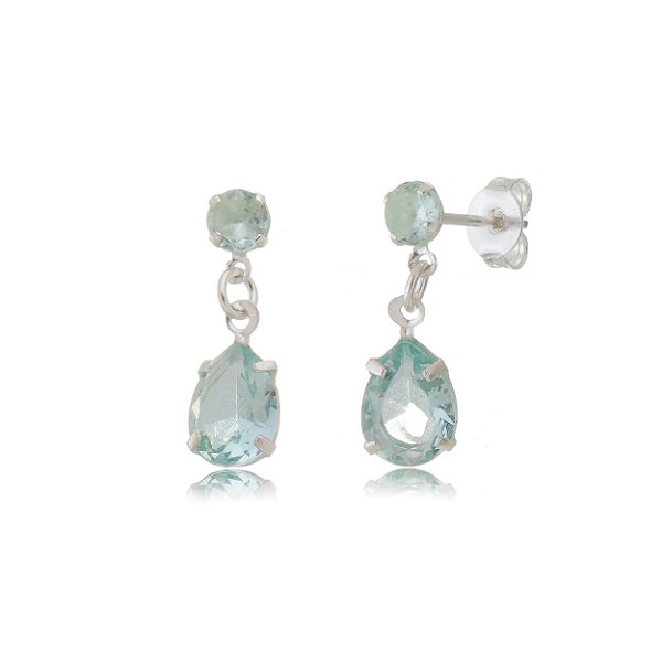 Cartela de brincos zircônia Gota Garra com Redondo 4mm - Azul Bebê - Prata 925 (Contém 12 Pares)