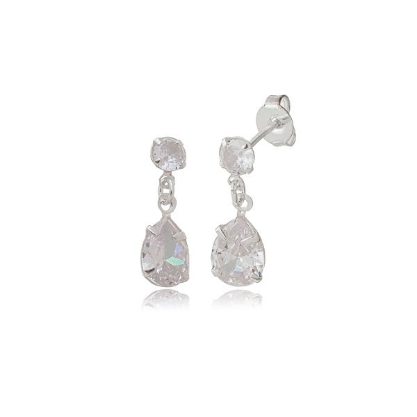 Cartela de brincos zircônia Gota Garra com Redondo 4mm - Cristal - Prata 925 (Contém 12 Pares)