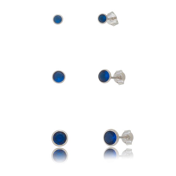Trios de brincos zircônia Embutido 3/4/5mm - Azul Royal - Prata 925 (Contém 5 Trios)