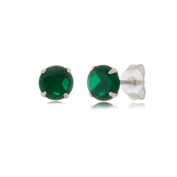 Cartela de brincos zircônia redondo 6mm - Verde Esmeralda - Prata 925 (12 pares)