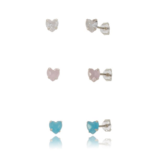 Trio de brincos Coração 4x4 - Rosa/Azul/Cristal - Prata 925 (Contém 5 Trios)