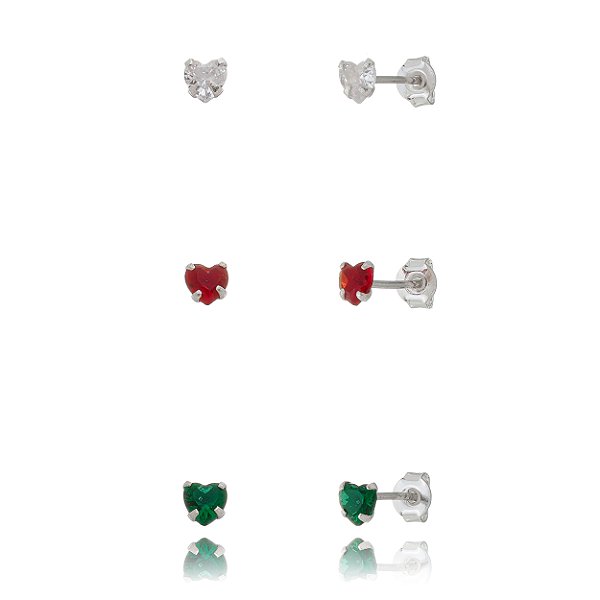 Trio de brincos Coração 4x4 - Verde/Vermelho/Cristal - Prata 925 (Contém 5 Trios)