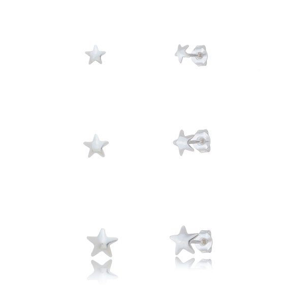 Trios de brincos Prata Lisa 3 Estrelas - Prata 925 (Contém 5 Trios)