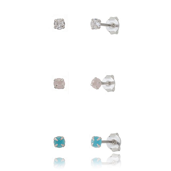Trio de brincos Redondo 3mm - Azul/Rosa/Cristal - Prata 925 (Contém 5 Trios)