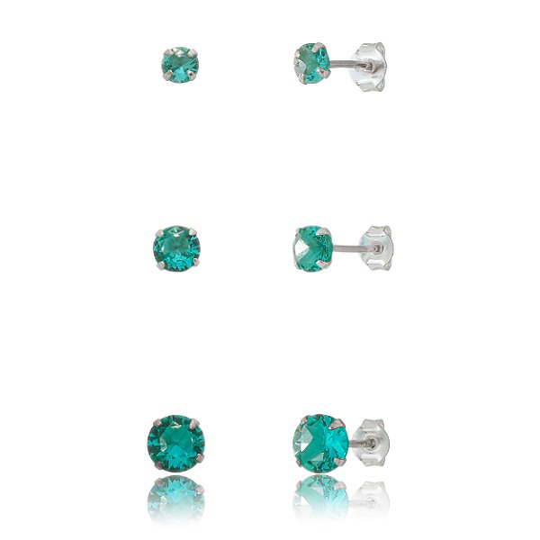Trios de brincos zircônia 4/5/6mm - Turmalina - Prata 925 (5 trios)