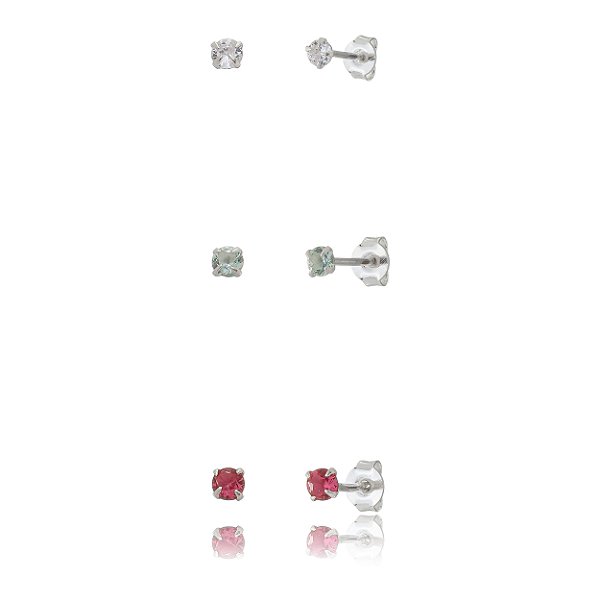 Trio de brincos Redondo 3mm - Fúcsia/Verde/Cristal - Prata 925 (Contém 5 Trios)