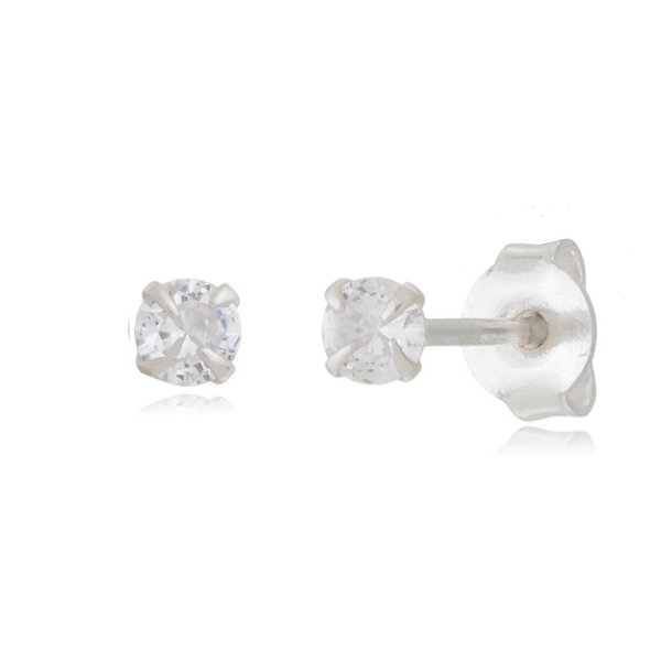 Cartela de brincos zircônia redondo 4mm - Cristal - Prata 925 (Contém 12 pares)