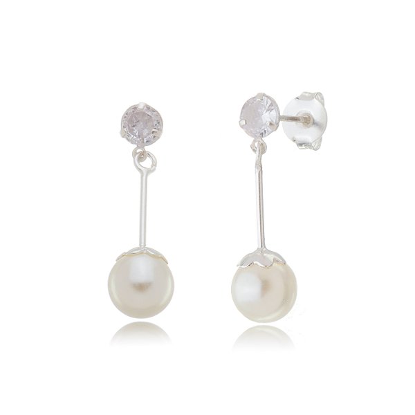 Brinco Pérola 8mm c/ canutilho e Zircônia 5mm - Prata 925 (Contém 12 Pares)