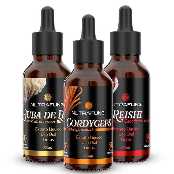 Extrato Reishi, Juba de Leão e Cordyceps. 60 mL Cada.