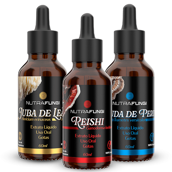 Kit Extrato de Reishi, Juba e Turkey Tail. 60 mL Cada.