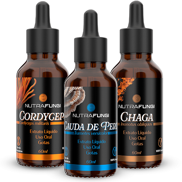 Extrato Cordyceps, Chaga e Cauda de Peru. 60 mL Cada.