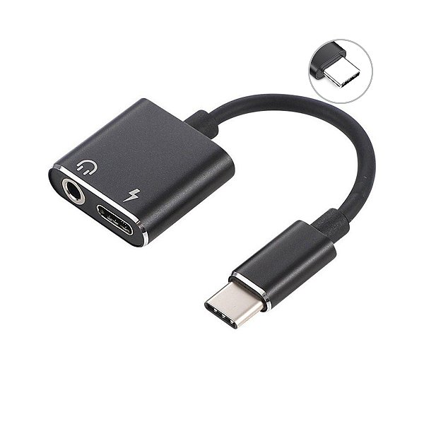 Adaptador USB-C Macho para USB-C + P2 3.5mm Fêmea