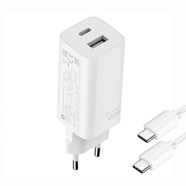 Fonte Celular USB-A Fêmea e USB-C Fêmea + Cabo USB-C Macho Xiaomi 65W GaN Charger USB-C Macho AD652GEU