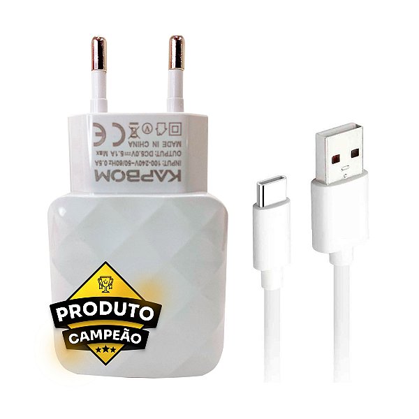 Fonte Celular + Cabo USB-A Macho para USB-C Macho Kapbom KA-372-TY 5.1A