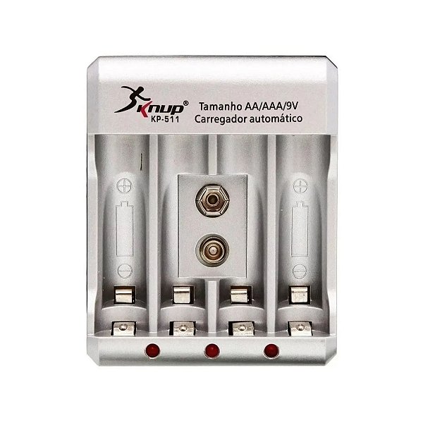 Carregador Pilhas Knup KP-511AB + 2 Pilhas AA e 2 Pilhas AAA Recarregáveis Bivolt