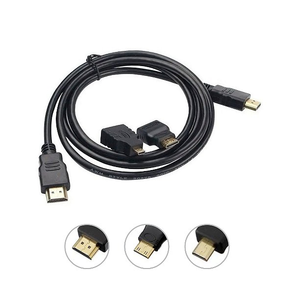 Cabo HDMI 1.4 Full HD 3 em 1 Adaptador Mini HDMI e Micro HDMI 1.5m