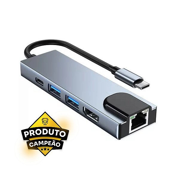 Hub USB-C Knup KP-AD143 USB 2.0/ USB 3.0/ Rede/ HDMI e USB-C
