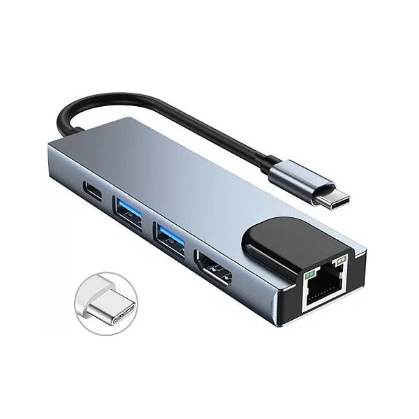 Hub USB-C Knup KP-AD143 USB 2.0/ USB 3.0/ Rede/ HDMI e USB-C