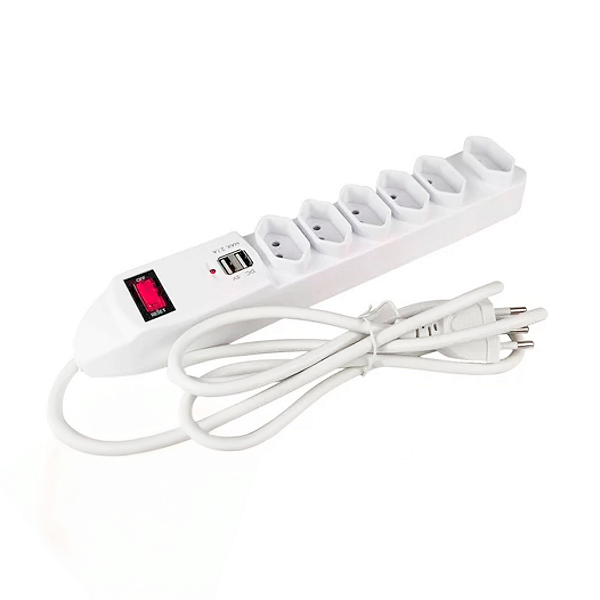 Filtro de Linha Régua Extensão Elétrica 6 Tomadas + 2 USB 2.1A 5V 1.5m Kapbom Branco