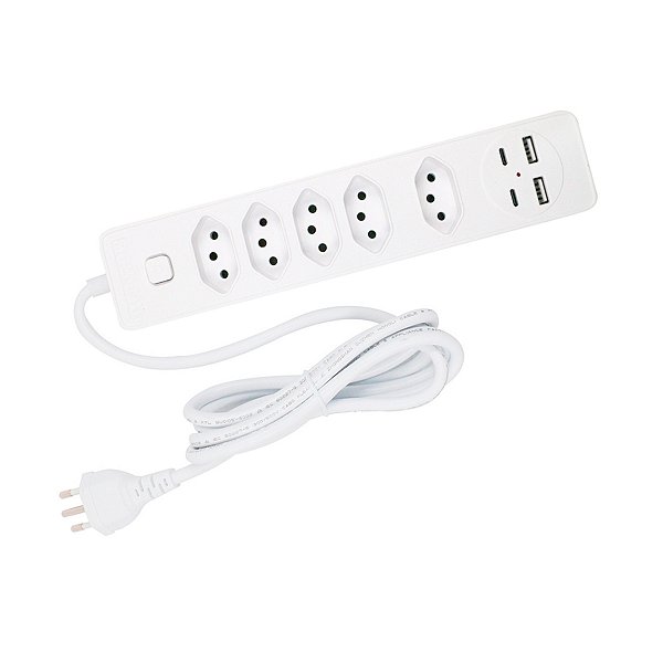 Filtro de Linha Régua Extensão Elétrica 5 Tomadas + 2x USB-A 2x USB-C Knup Branco