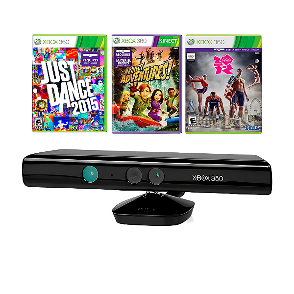 Kinect com Jogos Just Dance 2015 + Adventures + Your Shape 2012 - Xbox 360 Seminovo