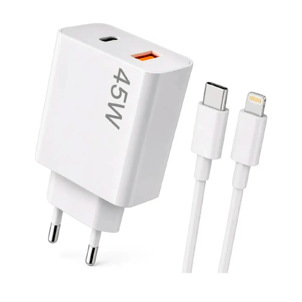 Fonte Celular USB-A + USB-C 45W + Cabo USB-C para Lightning 1m Lehmox Branco