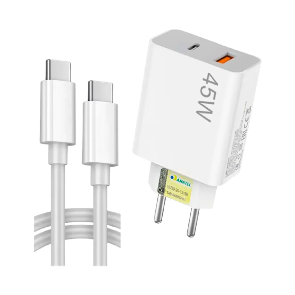 Fonte Celular USB-A + USB-C 45W + Cabo USB-C para USB-C 1m Lehmox Branco