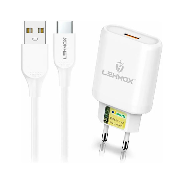 Fonte Celular USB-A 15W + Cabo USB-A para USB-C 1m Lehmox Branco