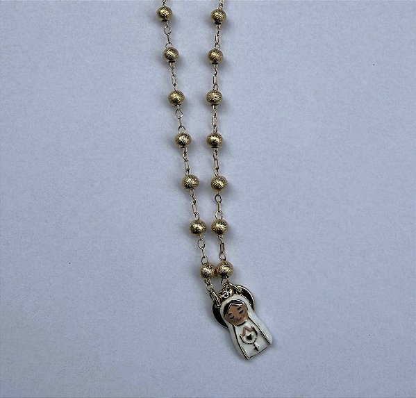 Colar Nossa Senhora de Fátima bolinhas douradas foscas