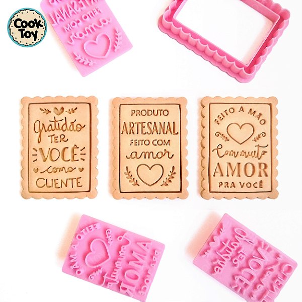 Kit Feito a mão, Artesanal e Gratidão | Cortador + Carimbo de biscoito | 7 cm