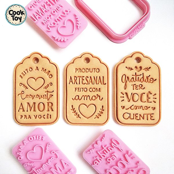 Kit Tag Feito a mão, Artesanal e Gratidão | Cortador + Carimbo de biscoito | 7 cm