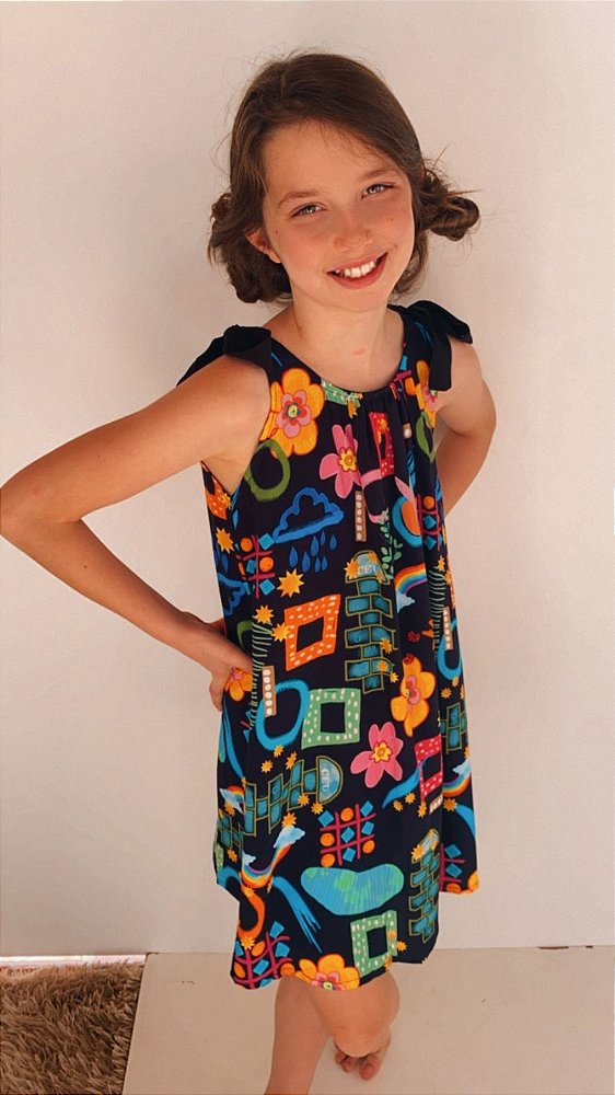 Vestido Infantil Amarração Estampado Brincadeira Preto