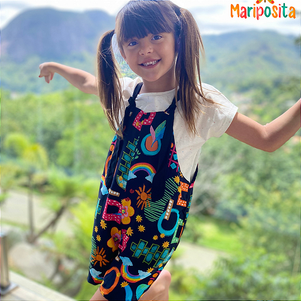 Jardineira Infantil Menina Estampada Brincadeira Preta