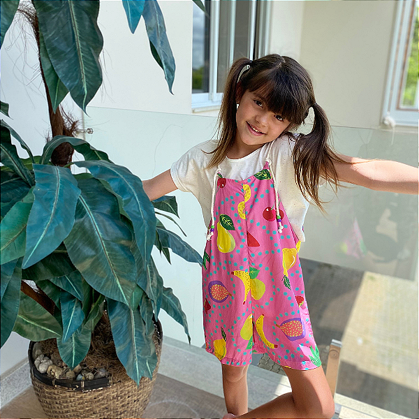 Jardineira Infantil Menina Frutas Rosa