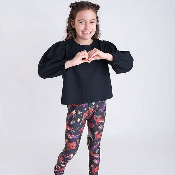 Blusa Cropped Infantil Menina Manga Longa Bufante Preto