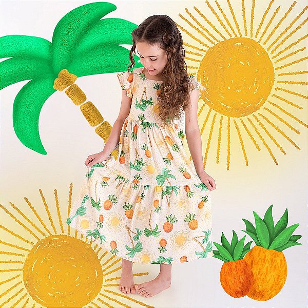 Vestido Infantil Longo Estampado Abacaxi