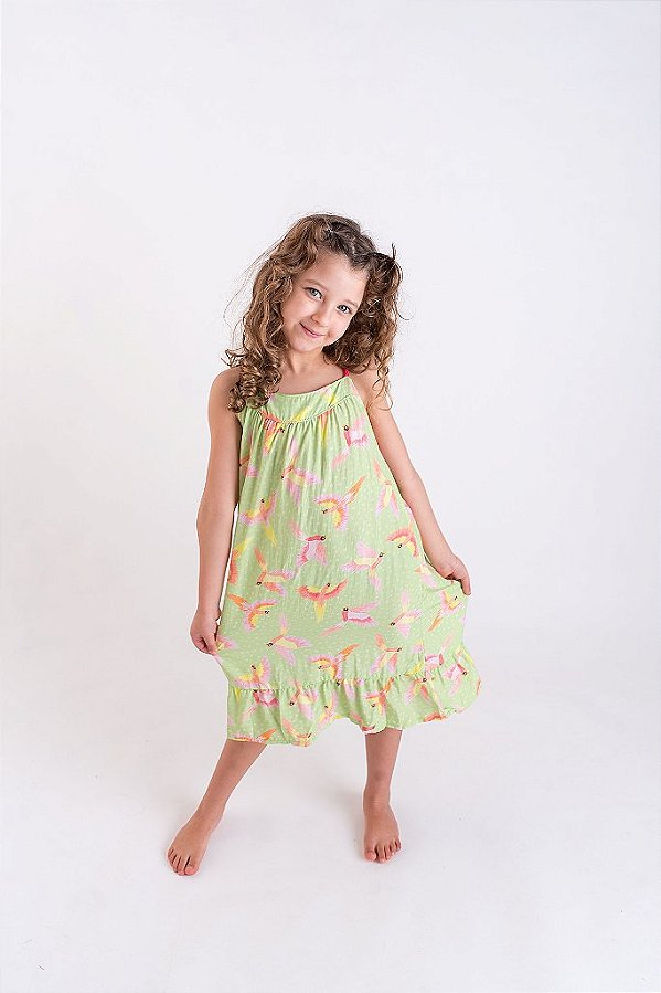 Vestido Infantil Alcinha Estampado Arara Verde