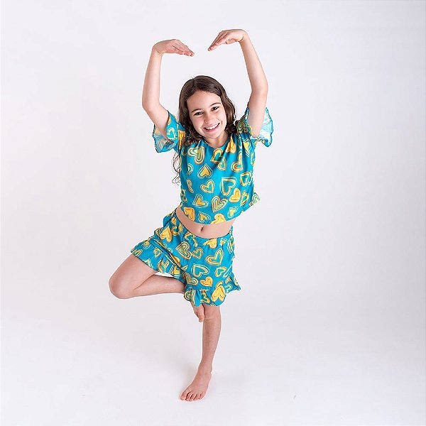 Blusa Cropped Babado Infantil Menina Estampado Coração