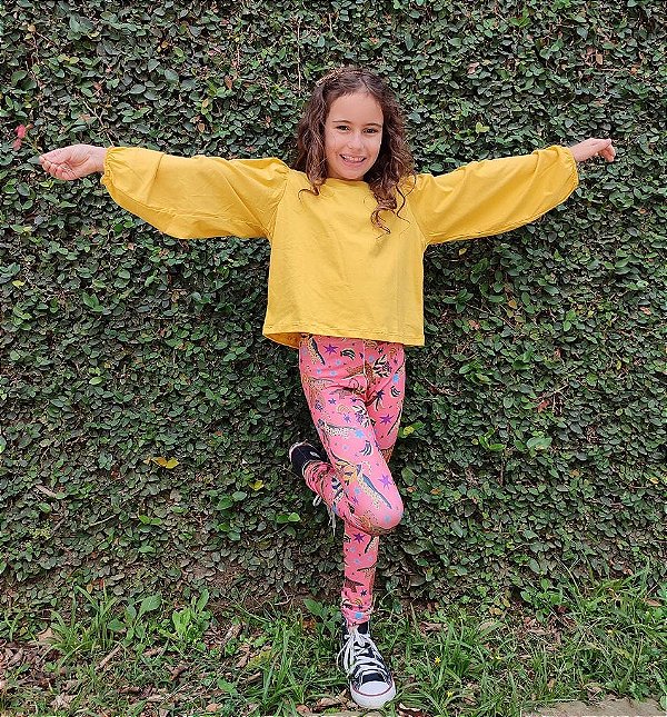 Blusa Infantil Menina Algodão Manga Babado Mostarda