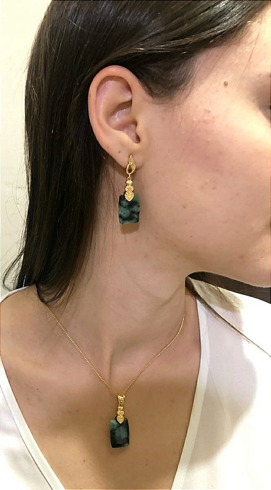 Colar E Brinco Banhado A Ouro 18k De Esmeralda Matriz