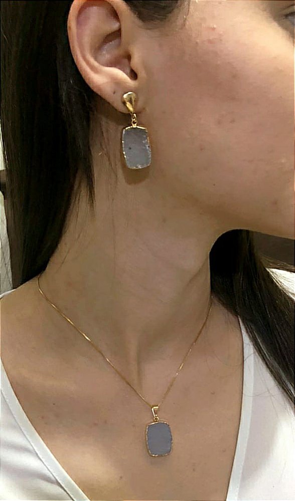 Colar E Brinco Banhado A Ouro 18k De Pedra Ágata brilho