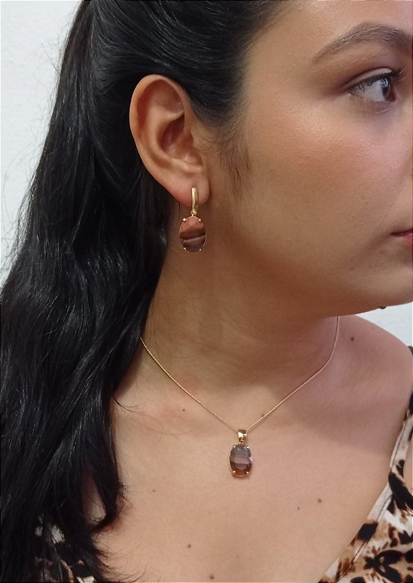 Colar E Brinco Banhado A Ouro 18k De Pedra Jaspe Policromo