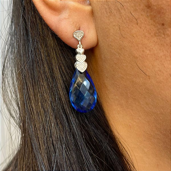 Brinco De Prata Com Zircônia Azul