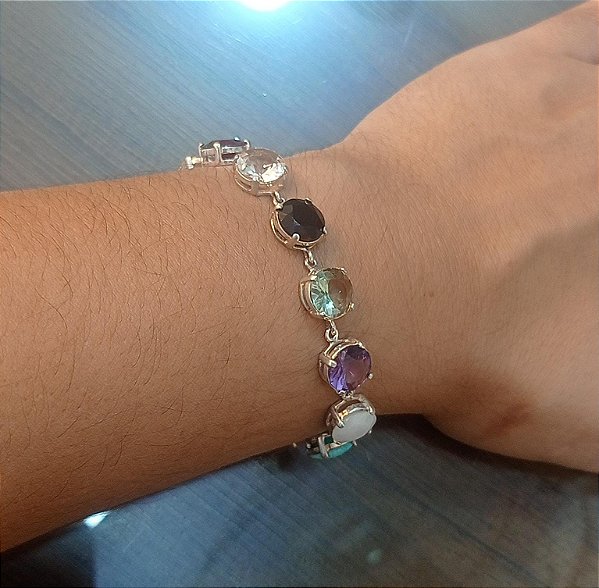 Pulseira De Prata Com Pedras diversas Redondas