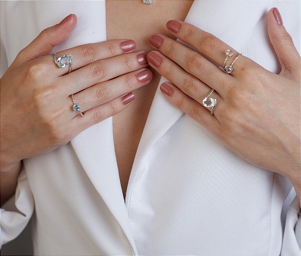 Aneis  De Prata Com Agua Marinha e Morganita (Quatro unidades)