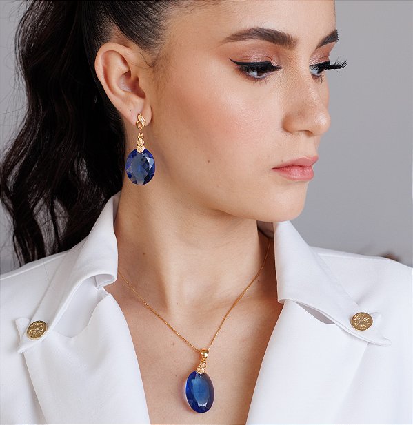 Colar E Brinco Banhado A Ouro 18k Com Pedra Zircônia Azul Safira Oval