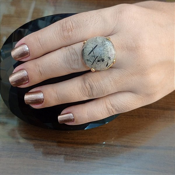 Anel Banhado a ouro 18k de Quartzo Grafite Redondo Regulável